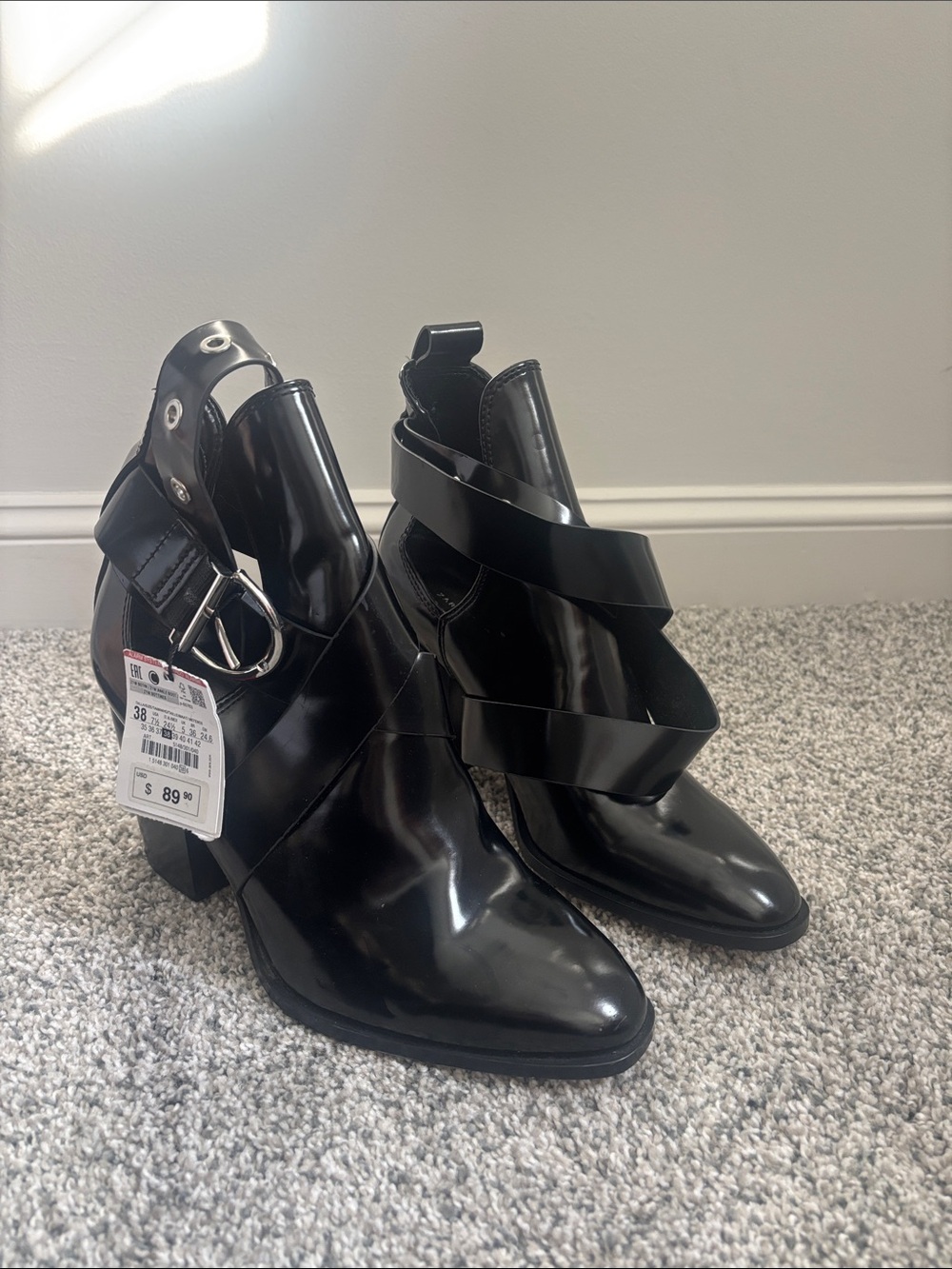 Zara Black Patent Strappy Buckle Ankle Boots